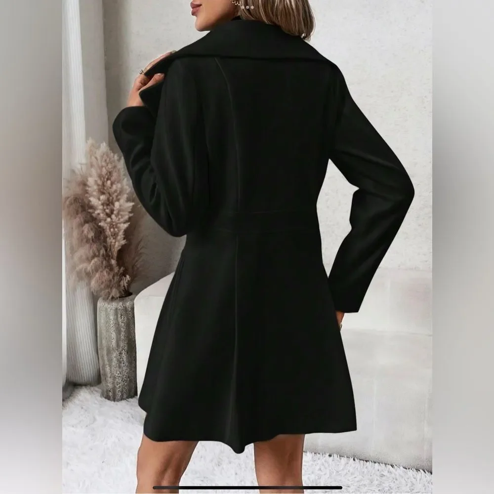 SZ XXL TIKTOK VIRAL OVERCOAT Elegant Black Double-Breasted Women's Coat - Picture 3 of 6